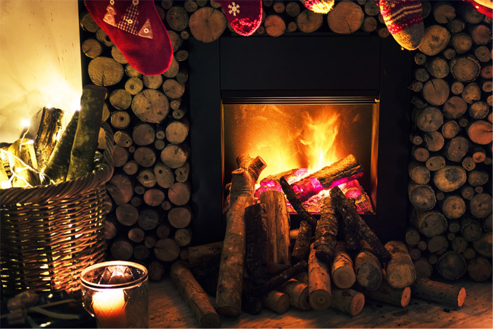 Oak firewood in home Christmas fire.