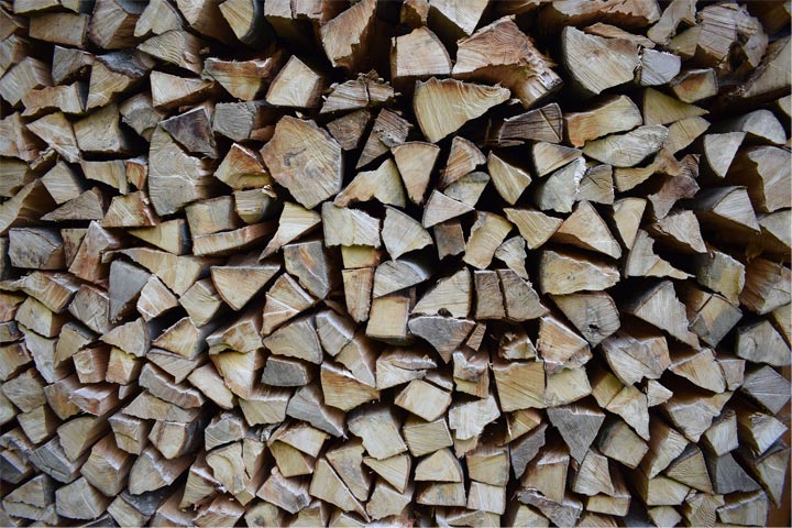 Stacked, seasoned firewood.